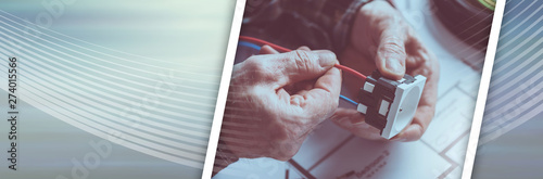 Fotomural Electrician connecting a wire into a power socket; panoramic banner