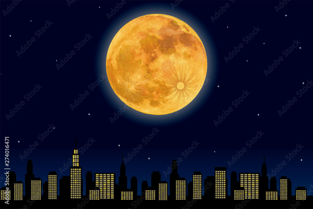 都市の夜景とスーパームーン 満月 のイラスト Super Moon ベクターデータ 背景イラスト Background Wall Mural Backgrou Globeds
