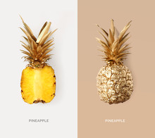 Creative Layout Made Of Gold Pineapple.  Tropical Flat Lay. Food Concept.