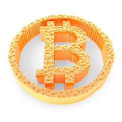 Golden bitcoin symbol on white background, art concept. 3D render.