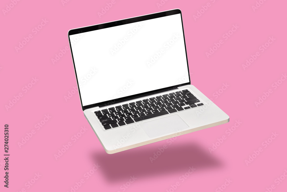 laptop computer mock up with empty blank white screen isolated on pink background. float or levitate laptop notebook with shadow. modern computer technology concept - obrazy, fototapety, plakaty 