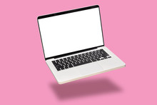 Laptop Computer Mock Up With Empty Blank White Screen Isolated On Pink Background. Float Or Levitate Laptop Notebook With Shadow. Modern Computer Technology Concept