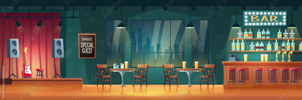 Bar or pub with live music cartoon vector interior. Stools near bar counter, shelves with alcohol drinks, table and chairs for visitors, performance stage with guitar and loudspeakers illustration - obrazy, fototapety, plakaty 