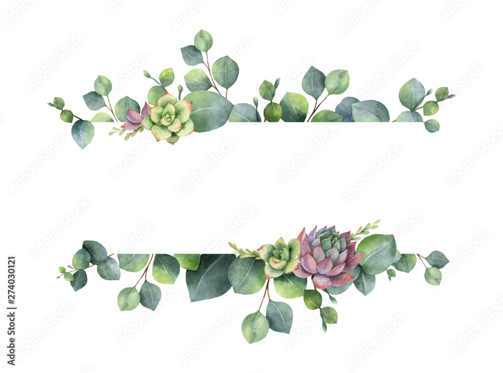 Watercolor vector wreath with green eucalyptus leaves, flowers succulents and branches. - obrazy, fototapety, plakaty 