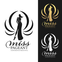 Miss Pageant Logo With Woman Wear Crown And Line Curve Crown Around  Vector Design