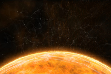 artistic orange yellow star closeup with details in the abstract space. 3d illustration copy space b