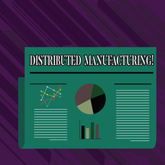 Poster - Conceptual hand writing showing Distributed Manufacturing. Business photo showcasing practiced by enterprises using network facilities Colorful Layout Design Plan of Text Line, Bar and Pie Chart.