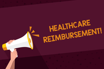 Writing note showing Healthcare Reimbursement. Business photo showcasing compensating someone for an out of pocket expense Human Hand Holding Megaphone with Sound Icon and Text Space.