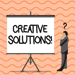 Fototapete - Writing note showing Creative Solutions. Business photo showcasing mental process of creating unique solutions to problem Businessman with Question Mark Above his Head Blank Screen.