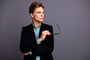 Wall Mural - Close up photo amazing he him his guy macho specs perfect ideal appearance hairstyle reliable business person wondered look empty space formal-wear shirt velvet jacket isolated grey background