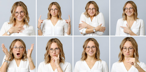 Beautiful woman with different facial expressions and gestures