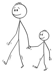 Canvas Print - Vector cartoon stick figure drawing conceptual illustration of man o father or dad together with small boy or son. They are walking and holding hands.