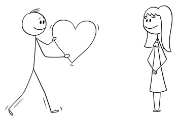 Canvas Print - Vector cartoon stick figure drawing conceptual illustration of man or boy giving bog romantic heart to girl or woman on date. Declaration or confession of love.