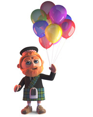 Wall Mural - Kilt wearing Scottish man with party balloons, 3d illustration