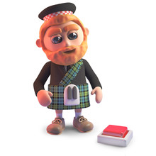 Indecisive Cartoon Scots Man Looks At A Button On The Floor, 3d Illustration
