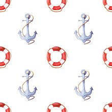 Watercolor Pattern Of Life-ring And Anchor. Lifebuoy With Rope And Anchor With Rope Seamless Pattern.