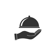 Covered Food Tray, Hand Icon. Vector Illustration, Flat Design.