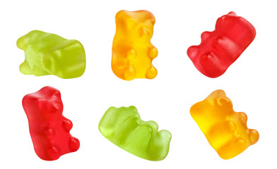 collection of colorful jelly gummy bears, isolated on white background