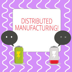 Poster - Conceptual hand writing showing Distributed Manufacturing. Business photo showcasing practiced by enterprises using network facilities Fully Charge and Discharge Battery with Emoji Speech Bubble.