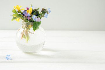 Wall Mural - spring flowers, summer mood, flowers on a light background - lungwort and violets in a vase