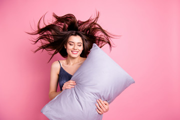 Sticker - Portrait of her she nice-looking sweet attractive lovely charming pretty cheerful cheery straight-haired lady holding in hands pillow isolated over pink pastel background