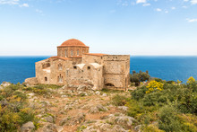 Monemvasia, Greece. The Church Of Agia Sophia On Top Of The Plateau, With The Sea In The Background