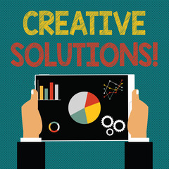 Fototapete - Writing note showing Creative Solutions. Business photo showcasing mental process of creating unique solutions to problem Hands Holding Tablet with Search Engine Optimization on the Screen.