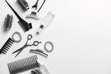 Set of hairdresser tools and accessories on white background
