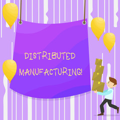 Poster - Word writing text Distributed Manufacturing. Business concept for practiced by enterprises using network facilities Man Carrying Pile of Boxes with Blank Tarpaulin in the Center and Balloons.