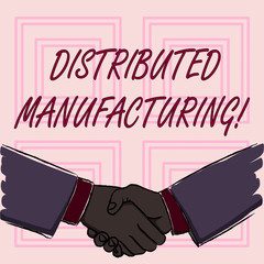 Poster - Conceptual hand writing showing Distributed Manufacturing. Business photo showcasing practiced by enterprises using network facilities Businessmen Shaking Hands Form of Greeting and Agreement.