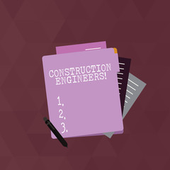Poster - Writing note showing Construction Engineers. Business photo showcasing discipline that deals with designing and planning Lined Paper Stationery Partly into View from Pastel Folder.