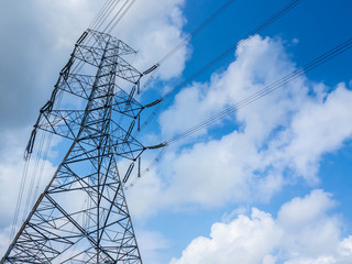 High voltage towers with sky background. Electrical tower.