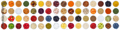 Fotografía Fruits and vegetables berries spices herbs grapes banner sugar from above isolat