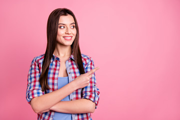 Wall Mural - Portrait of cute attractive lovely promoter have feedback choice decision good-looking promote fun excited anticipation adverts attention wear plaid clothes isolated background