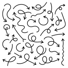 Poster - Set of black curved arrows in doodle style. Vector collection of drawn arrows isolated on white background.
