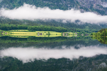 Sticker - Clouds and mist on the Hallstattersee in Austria.