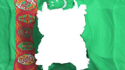 Ripped Turkmenistan flying flag, over white background, 3d rendering