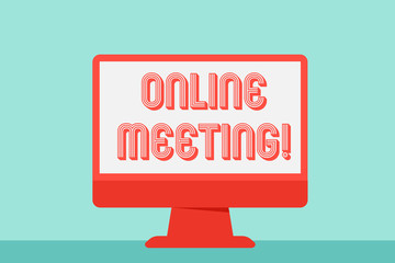 Writing note showing Online Meeting. Business concept for a meeting that takes place over an electronic medium Desktop Computer Colorful Monitor Screen Freestanding Table