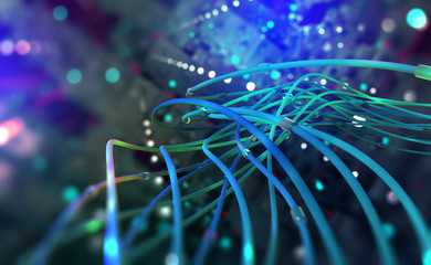 Poster - Digital technology. Web of global data. Network connections in the cyberspace of the future. 3D illustration of computer wires in an abstract, futuristic city