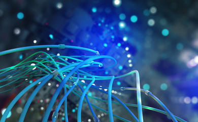 Poster - Digital technology. Web of global data. Network connections in the cyberspace of the future. 3D illustration of computer wires in an abstract, futuristic city