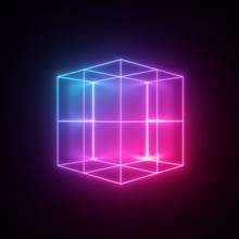 3d Render, Neon Abstract Background With Glowing Lines, Isolated Cube, Cyber Shape In Virtual Reality, Laser Show