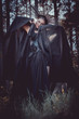 © LIGHTFIELD STUDIOS - brunette woman in witch costume and crown on head holding hands with black textile near face, looking away