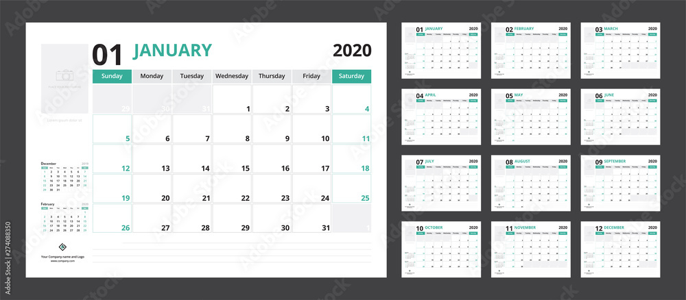 2020 calendar planner set for template corporate design week start on Sunday. - obrazy, fototapety, plakaty 