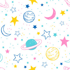 seamless pattern with colorful doodle planets and stars on white background