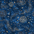 Galaxy seamless dark blue textured pattern with gold nebula, constellations and stars