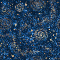 galaxy seamless dark blue textured pattern with gold nebula, constellations and stars