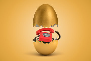 Wall Mural - 3d rendering of gold egg cracked in two, upper half levitating in air, red retro telephone on green 