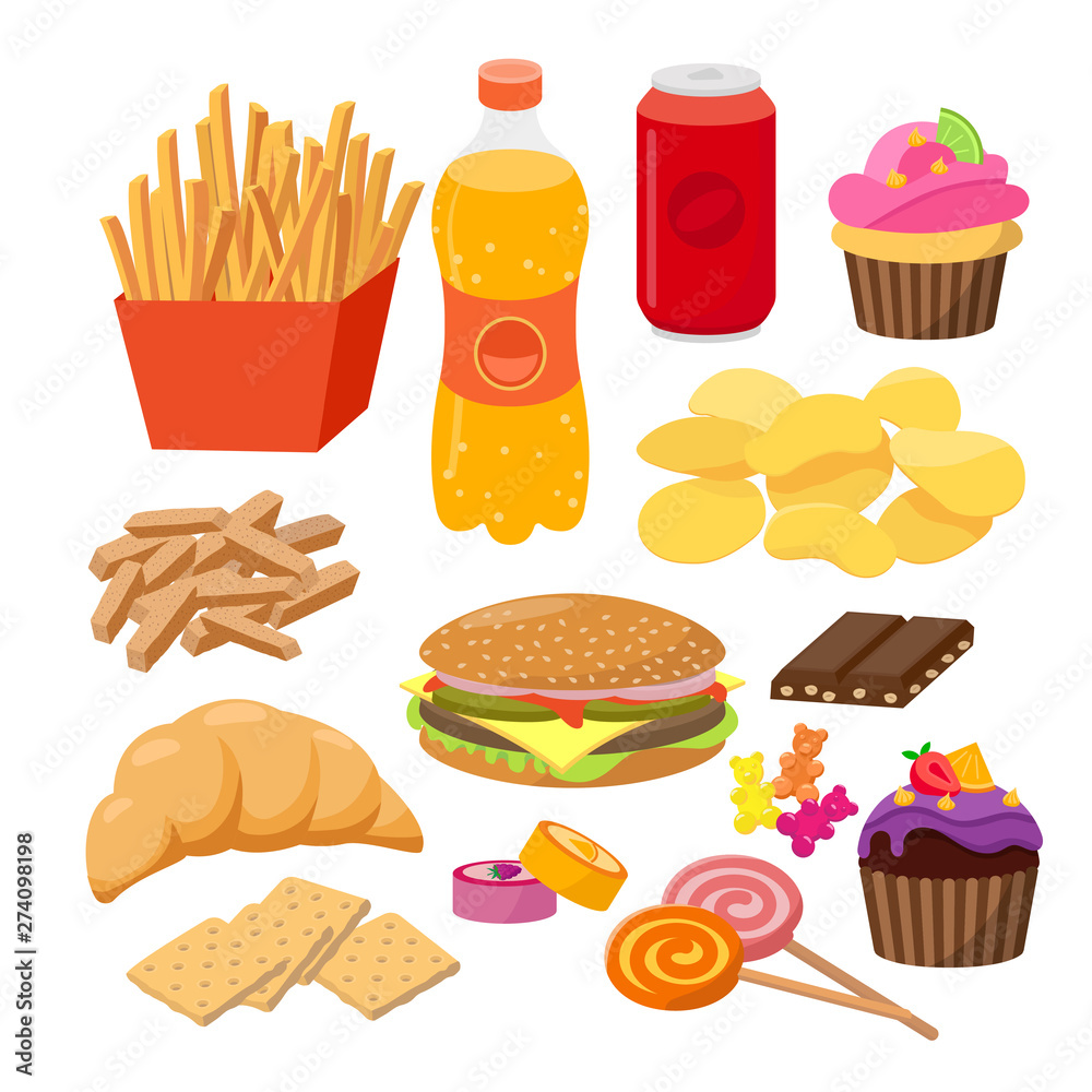 Fast foods vector flat illustration. Group of snacks, hamburger, french  fries, soft drinks, croissant, crackers, sweets, chocolate, candies,  popular junk food isolated on white background. Stock Vector | Adobe Stock, image size:1000x1000