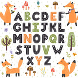 Forest alphabet with cute foxes. Hand drawn letters from A to Z