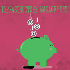 Poster - Handwriting text Infrastructure Analysisagement. Conceptual photo basic physical and organizational structures Color Piggy Bank Sideview and Dollar Currency Coins Falling Down to the Slit